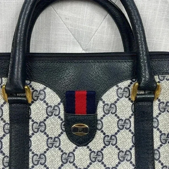 Vintage Gucci Boston Hand Bag Satchel Purse Monogram Navy Canvas Leather - Picture 2 of 16